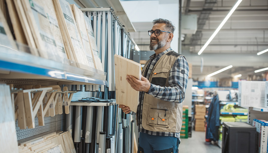 Man in hardware store shopping for hurricane supplies