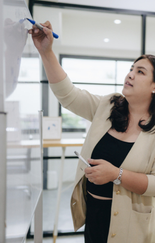 Businesswoman writing on a whiteboard