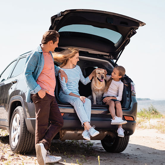 Family with dog sitting in back of SUV at beach.